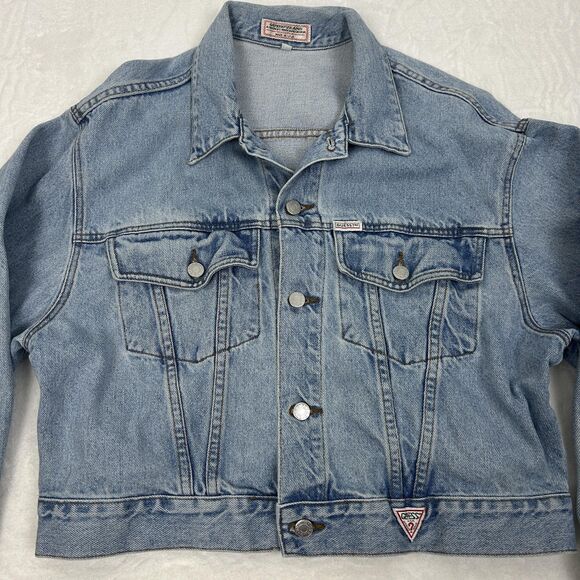 Vintage Guess Jeans Jacket Womens Large Denim Trucker Georges Marciano Made USA - Picture 1 of 14